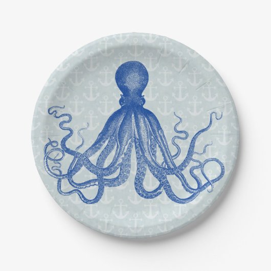  blauwe inktvis met ankers papieren bordje (Voorkant)