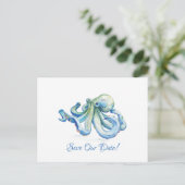 Blauwe inktvis slaat de datum op briefkaart (Staand voorkant)