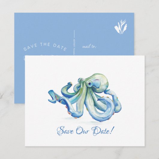 Blauwe inktvis slaat de datum op briefkaart (Voorkant / Achterkant)