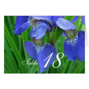 Blauwe iris bloem diner tafel nummerkaart.