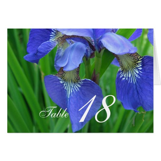 Blauwe iris bloem diner tafel nummerkaart. (Voorkant Horizontaal)