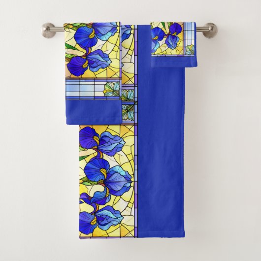 Blauwe Iris Bloem Glas-in-Lood Handdoeken Set (Insitu)