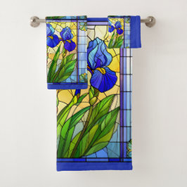 Blauwe Iris Bloem Glas-in-Lood Handdoeken Set