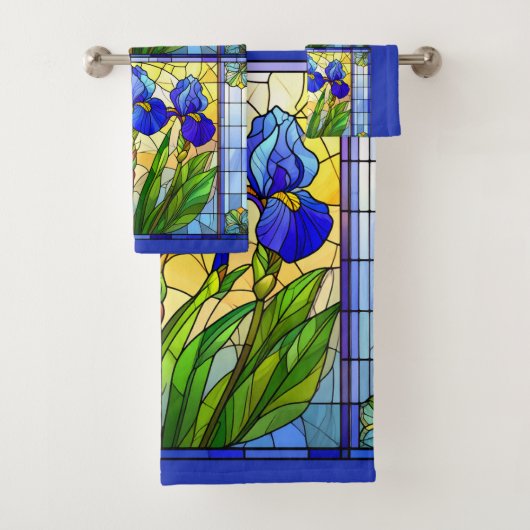 Blauwe Iris Bloem Glas-in-Lood Handdoeken Set (Insitu)
