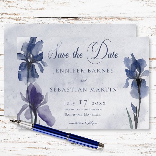 Blauwe iris bloemen blauw moderne bruiloft save the date