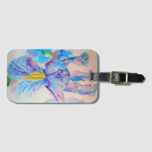 Blauwe Iris Bloemen Bloemrijke Aquarel Bagagerekje Bagagelabel (Voorkant (horizontaal))