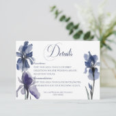 Blauwe iris bloemen bruiloft details informatiekaartje (Staand voorkant)