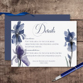Blauwe iris bloemen bruiloft details informatiekaartje