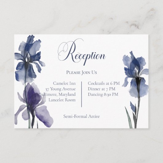 Blauwe iris bloemen bruiloft receptie informatiekaartje (Voorkant)