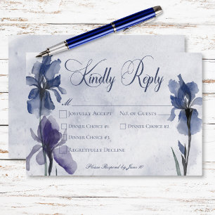 Blauwe iris bloemen modern blauw bruiloft diner RSVP kaartje