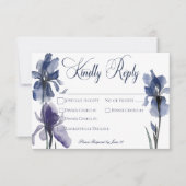Blauwe iris bloemen modern bruiloft diner RSVP kaartje (Voorkant)