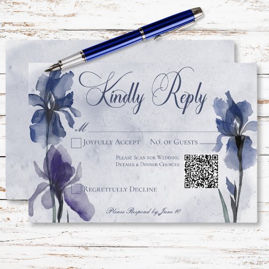 Blauwe Iris Bloemen Moderne Blauwe Huwelijk QR Cod RSVP Kaartje
