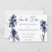 Blauwe iris bloemen moderne bruiloft save the date (Voorkant)
