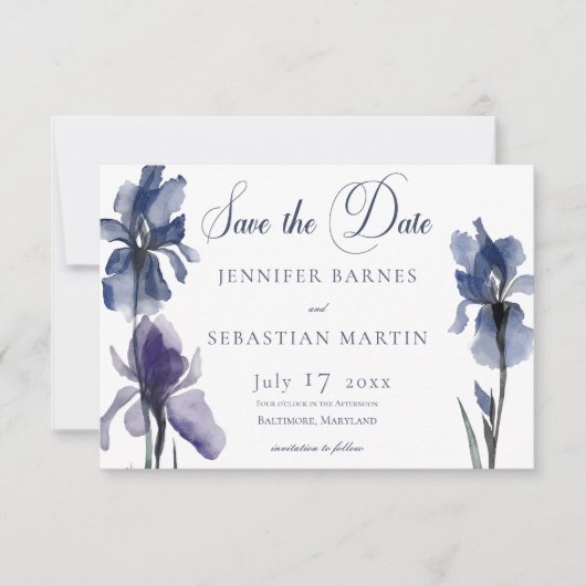 Blauwe iris bloemen moderne bruiloft save the date (Voorkant)