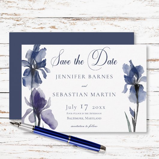 Blauwe iris bloemen moderne bruiloft save the date