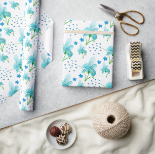 Blauwe Iris En Wilde Bloemen Waterverf Patroon Cadeaupapier