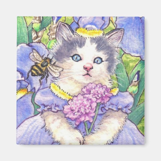 Blauwe Iris Kitten Magnet (Voorkant)