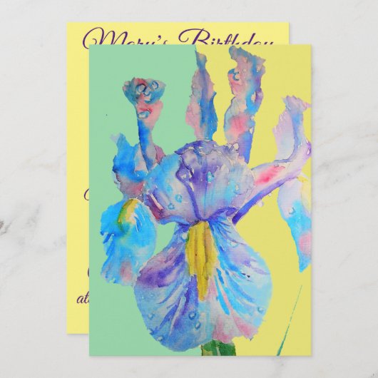 Blauwe Iris Kunst Waterverf Verjaardagsuitnodiging Kaart (Voorkant / Achterkant)