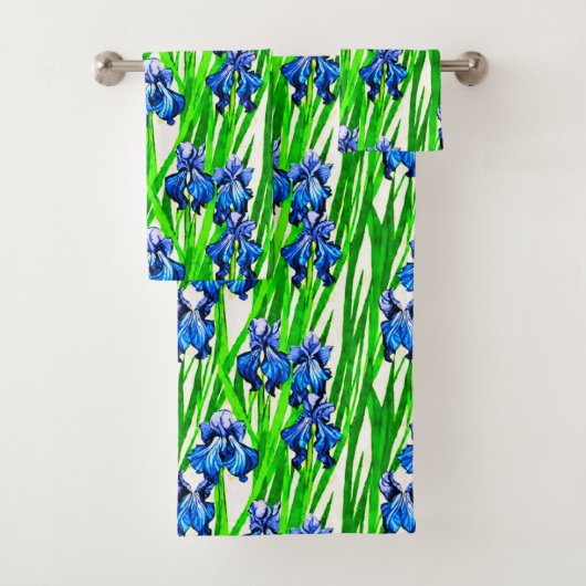 Blauwe Iris Waterverfpatroon Bad Handdoek (Insitu)