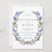 Blauwe irissen bloemenkrans boho bruiloft uitnodig kaart (Voorkant)