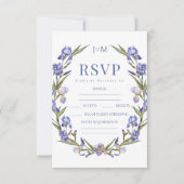 Blauwe irissen bloemenkrans bruiloft RSVP kaarten (Voorkant)