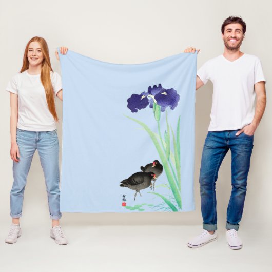 Blauwe Irissen en Moorhens door Ohara Koson Fleece Deken (In situ)