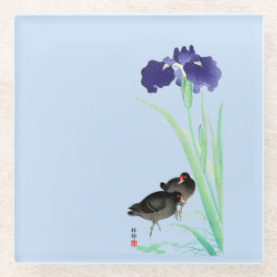 Blauwe Irissen en Moorhens door Ohara Koson Glazen Onderzetter