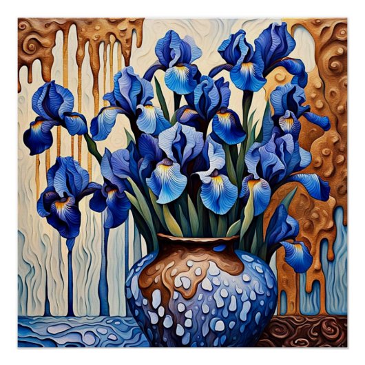 Blauwe irissen in vaas perfect poster (Voorkant)