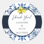 Blauwe Italiaanse citroen Mediterrane bruiloft Dan Ronde Sticker (Voorkant)