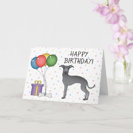 Blauwe Italiaanse Greyhound Cartoon Dog Happy Birt Kaart (Orchidee)