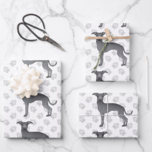 Blauwe Italiaanse Greyhound Cartoonhonden Met Poot Inpakpapier Vel