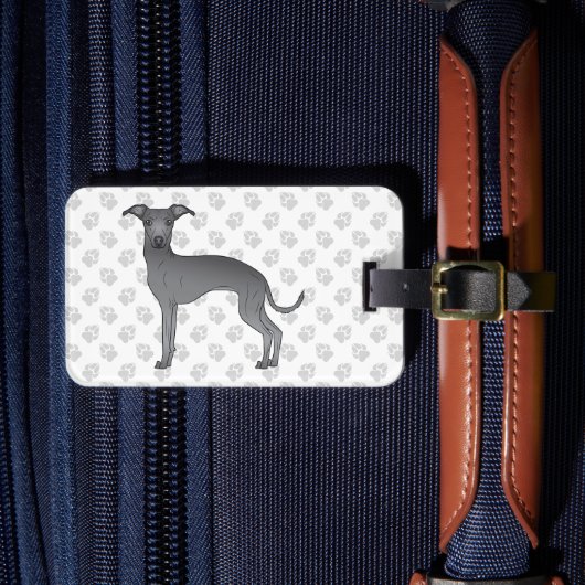 Blauwe Italiaanse Greyhound Mopshond Met Aangepast Bagagelabel (Voorkant Insitu 4)
