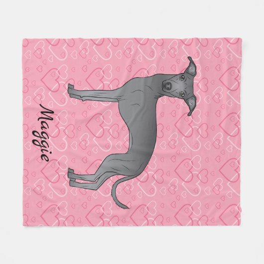 Blauwe Italiaanse snuffelhond op roze harten Fleece Deken (Voorkant (Horizontaal))