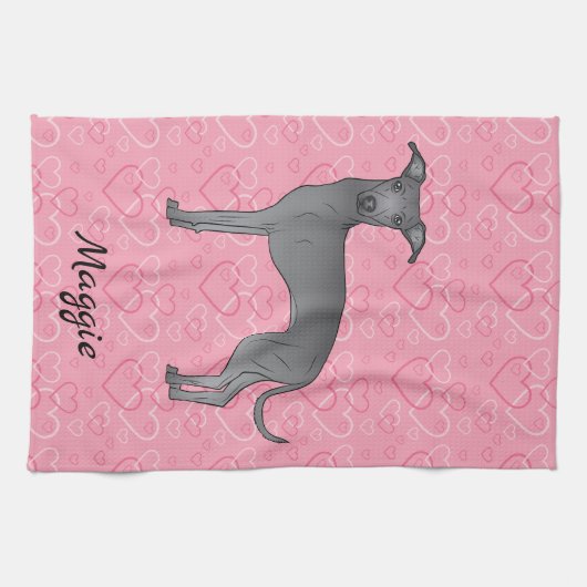 Blauwe Italiaanse snuffelhond op roze harten Theedoek (Horizontaal)