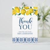 Blauwe Italiaanse Tegel Lemon Vrijgezellenfeest Ha Bedankkaart (Staand voorkant)