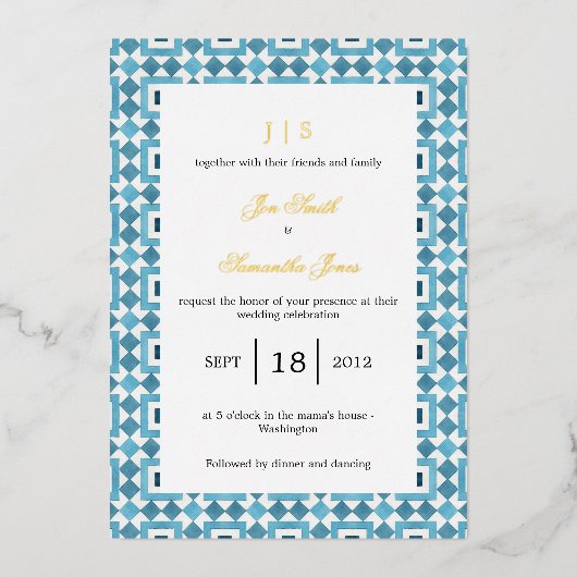 Blauwe Italiaanse tegel Middellandse Zee Folie Uitnodiging (Voorkant)