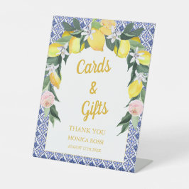 Blauwe Italiaanse Tegels Citroen Bruidsfeest Kaart Reclamebord Met Voetstuk