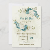 Blauwe ivoor witte bloemen save the date (Voorkant)