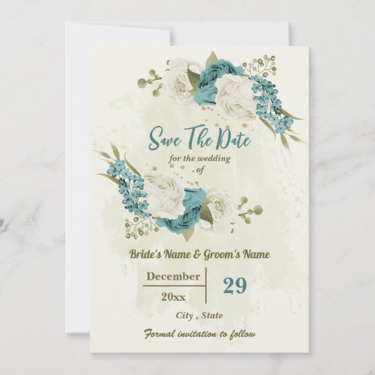 Blauwe ivoor witte bloemen save the date (Voorkant)
