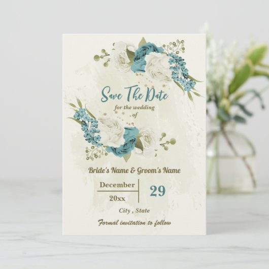 Blauwe ivoor witte bloemen save the date (Staand voorkant)