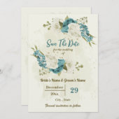 Blauwe ivoor witte bloemen save the date (Voorkant / Achterkant)