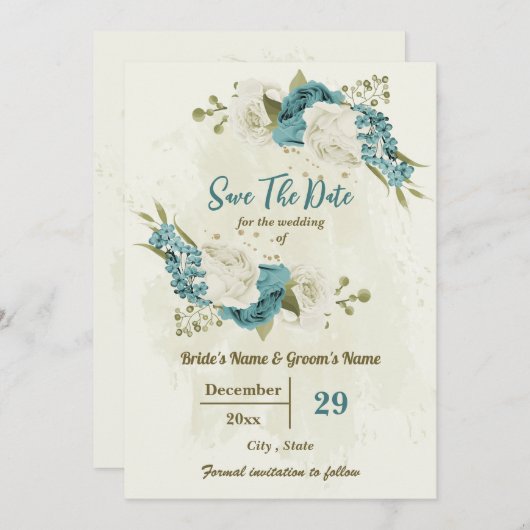 Blauwe ivoor witte bloemen save the date (Voorkant / Achterkant)