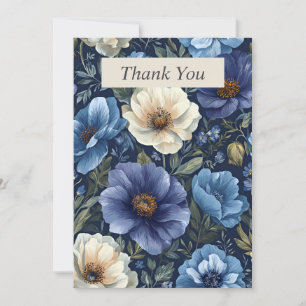 Blauwe & ivoorkleurige bloemen op Navy Blue dankka Kaart