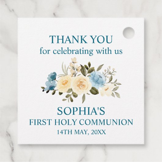 Blauwe Ivory Flowers Greenery First Heilige Commun Bedankjes Labels (Achterkant)