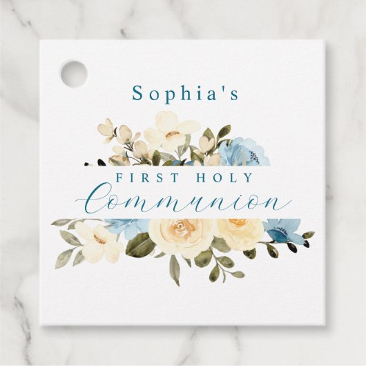 Blauwe Ivory Flowers Greenery First Heilige Commun Bedankjes Labels (Voorkant)