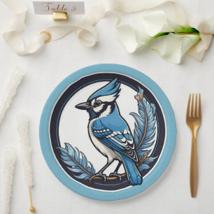 Blauwe Jay Bird en blauwe veren Papieren Bordje