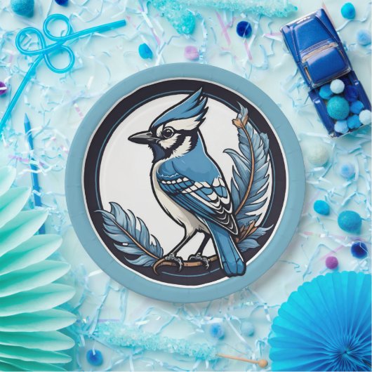 Blauwe Jay Bird en blauwe veren Papieren Bordje (Feest)