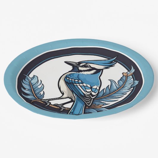 Blauwe Jay Bird en blauwe veren Papieren Bordje (Gekanteld)