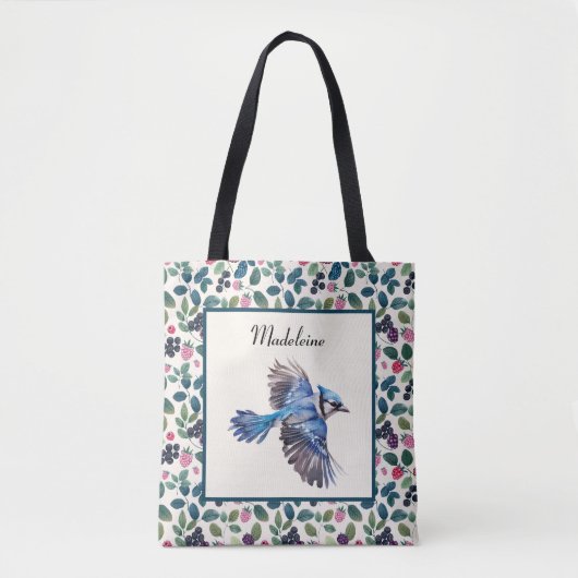 Blauwe Jay en Kleurrijk Blauw in Roze Bessen Monog Tote Bag (Voorkant)