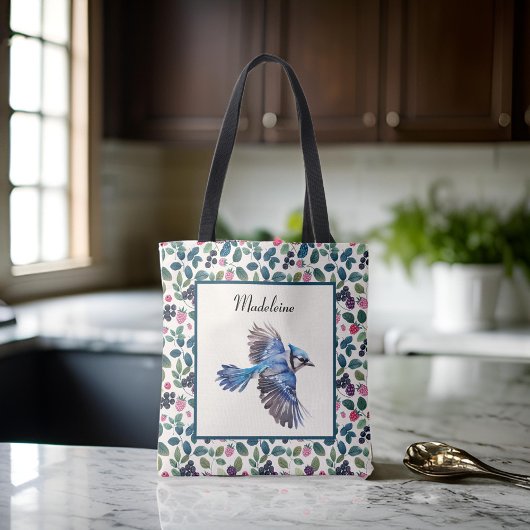 Blauwe Jay en Kleurrijk Blauw in Roze Bessen Monog Tote Bag